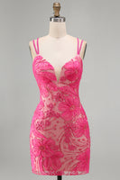 Load image into Gallery viewer, Floral Navy Beaded Spaghetti Straps Tight Short Cocktail Dress