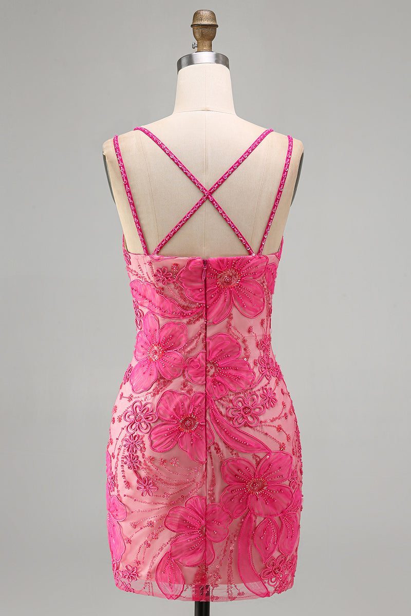 Load image into Gallery viewer, Floral Navy Beaded Spaghetti Straps Tight Short Cocktail Dress