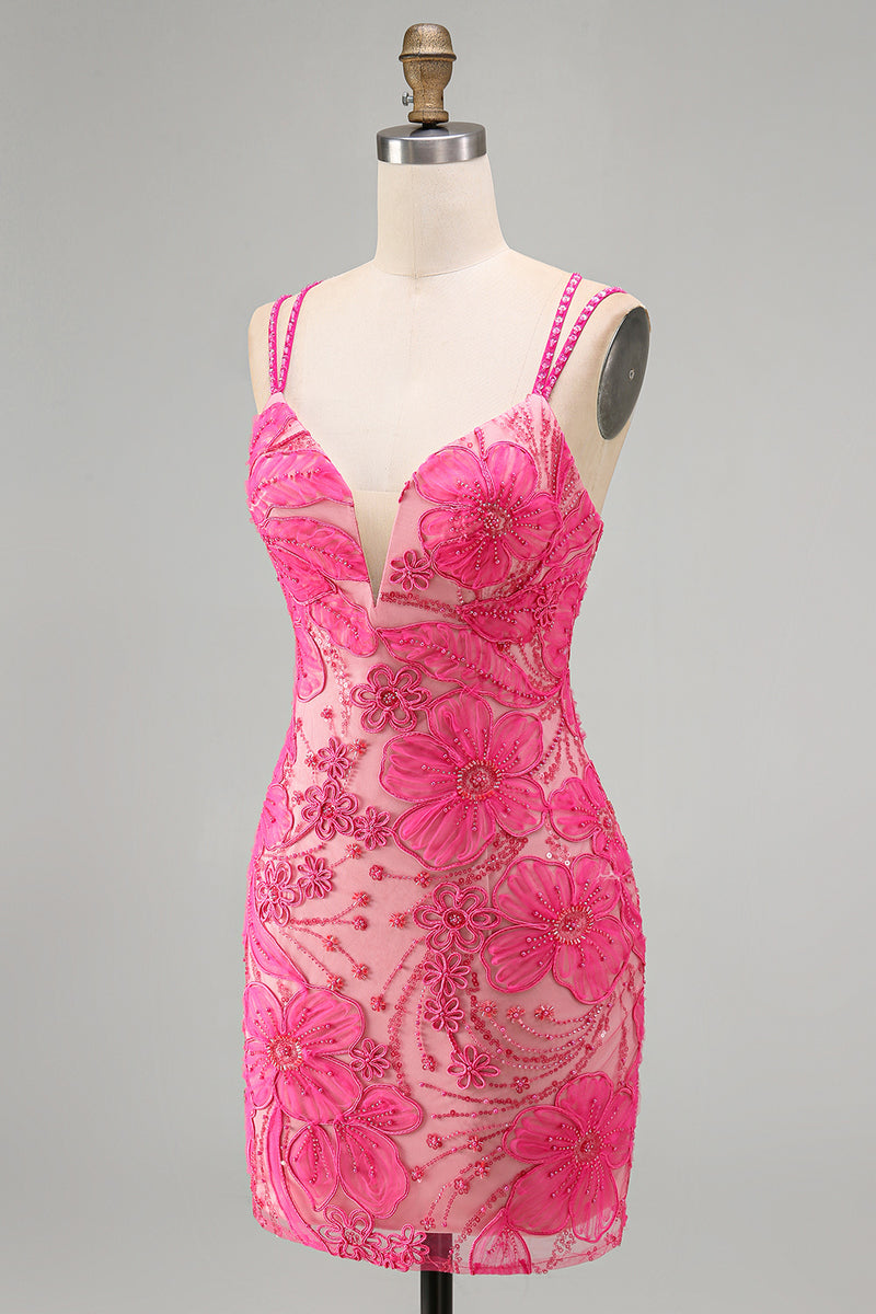 Load image into Gallery viewer, Floral Navy Beaded Spaghetti Straps Tight Short Cocktail Dress