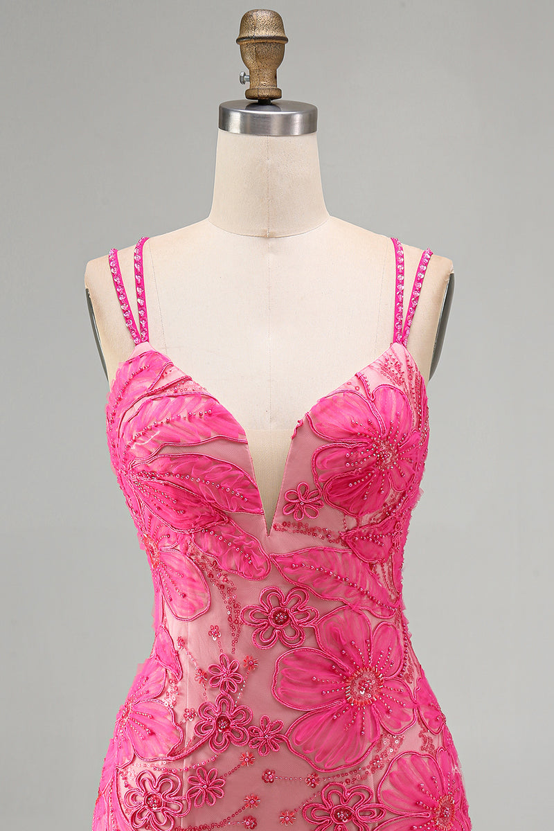 Load image into Gallery viewer, Floral Navy Beaded Spaghetti Straps Tight Short Cocktail Dress