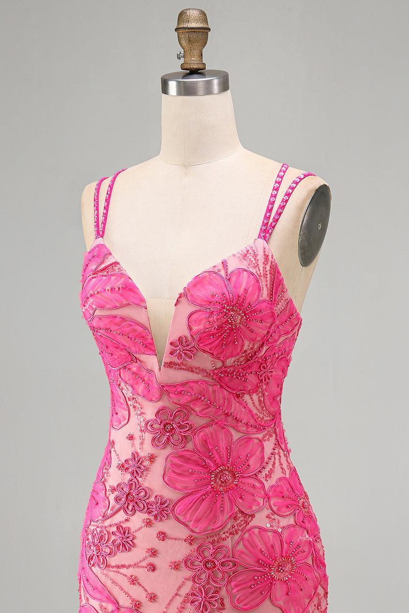 Load image into Gallery viewer, Floral Navy Beaded Spaghetti Straps Tight Short Cocktail Dress