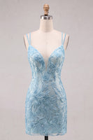 Load image into Gallery viewer, Floral Navy Beaded Spaghetti Straps Tight Short Cocktail Dress