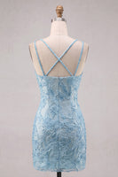 Load image into Gallery viewer, Floral Navy Beaded Spaghetti Straps Tight Short Cocktail Dress