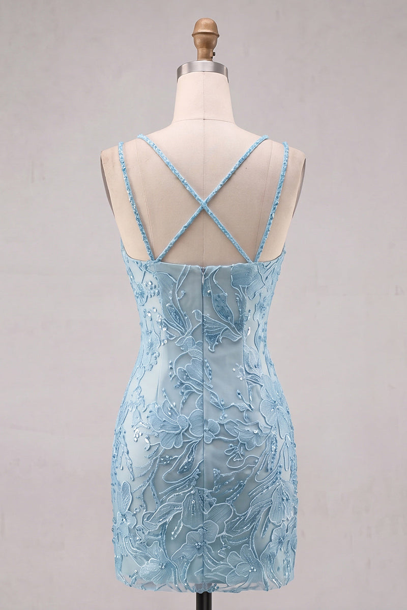 Load image into Gallery viewer, Floral Navy Beaded Spaghetti Straps Tight Short Cocktail Dress