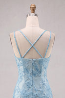 Load image into Gallery viewer, Floral Navy Beaded Spaghetti Straps Tight Short Cocktail Dress