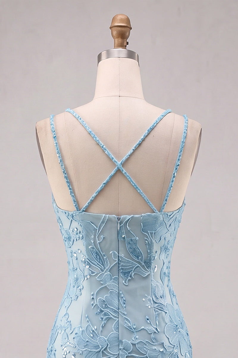 Load image into Gallery viewer, Floral Navy Beaded Spaghetti Straps Tight Short Cocktail Dress