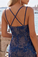 Load image into Gallery viewer, Floral Navy Beaded Spaghetti Straps Tight Short Cocktail Dress