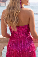 Load image into Gallery viewer, Sparkly Fuchsia Sequin Tight Short Cocktail Dress with Fringes