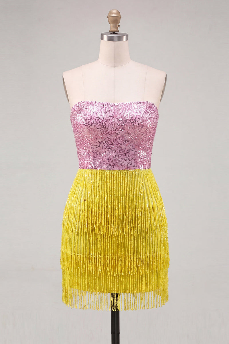 Load image into Gallery viewer, Sparkly Fuchsia Sequin Tight Short Cocktail Dress with Fringes