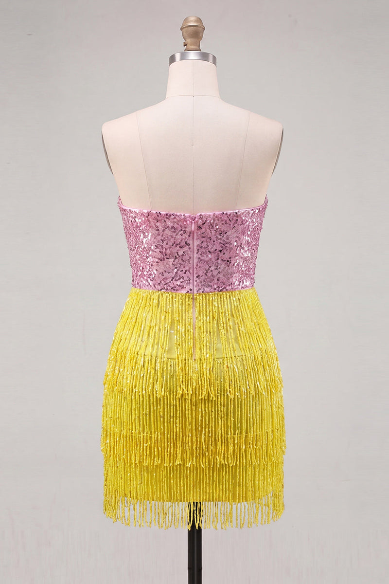 Load image into Gallery viewer, Sparkly Fuchsia Sequin Tight Short Cocktail Dress with Fringes