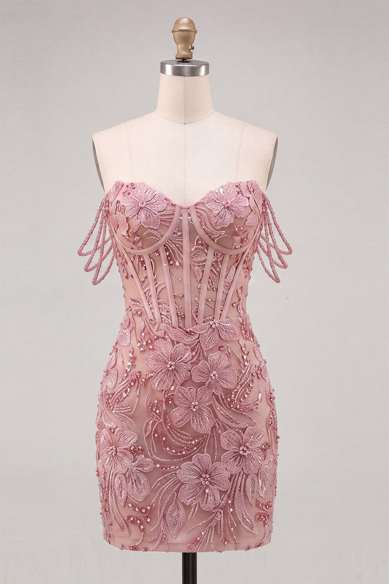 Load image into Gallery viewer, Floral Fuchsia Corset Beaded Tight Short Cocktail Dress