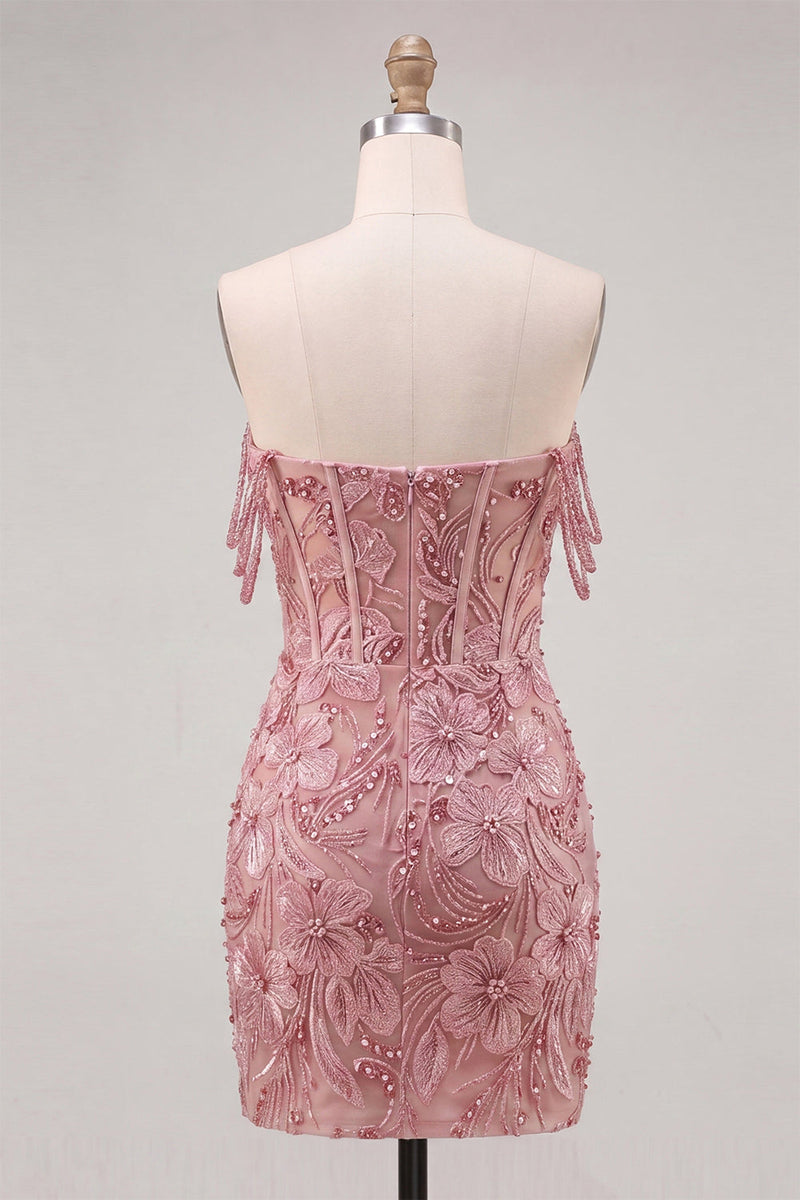 Load image into Gallery viewer, Floral Fuchsia Corset Beaded Tight Short Cocktail Dress