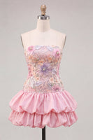 Load image into Gallery viewer, Floral Light Yellow Strapless Tiered A-Line Short Cocktail Dress