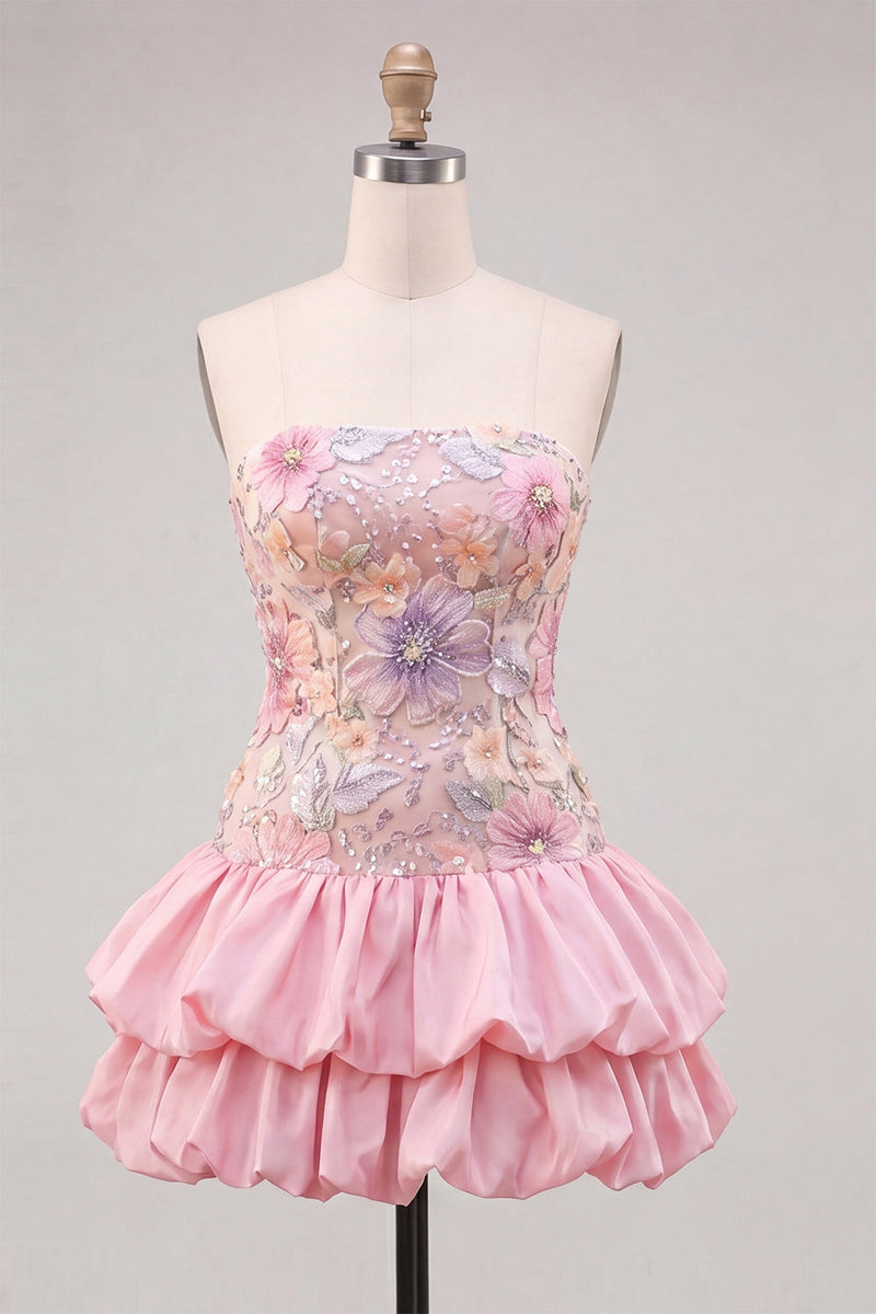 Load image into Gallery viewer, Floral Light Yellow Strapless Tiered A-Line Short Cocktail Dress