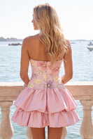 Load image into Gallery viewer, Floral Light Yellow Strapless Tiered A-Line Short Cocktail Dress
