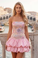 Load image into Gallery viewer, Floral Light Yellow Strapless Tiered A-Line Short Cocktail Dress