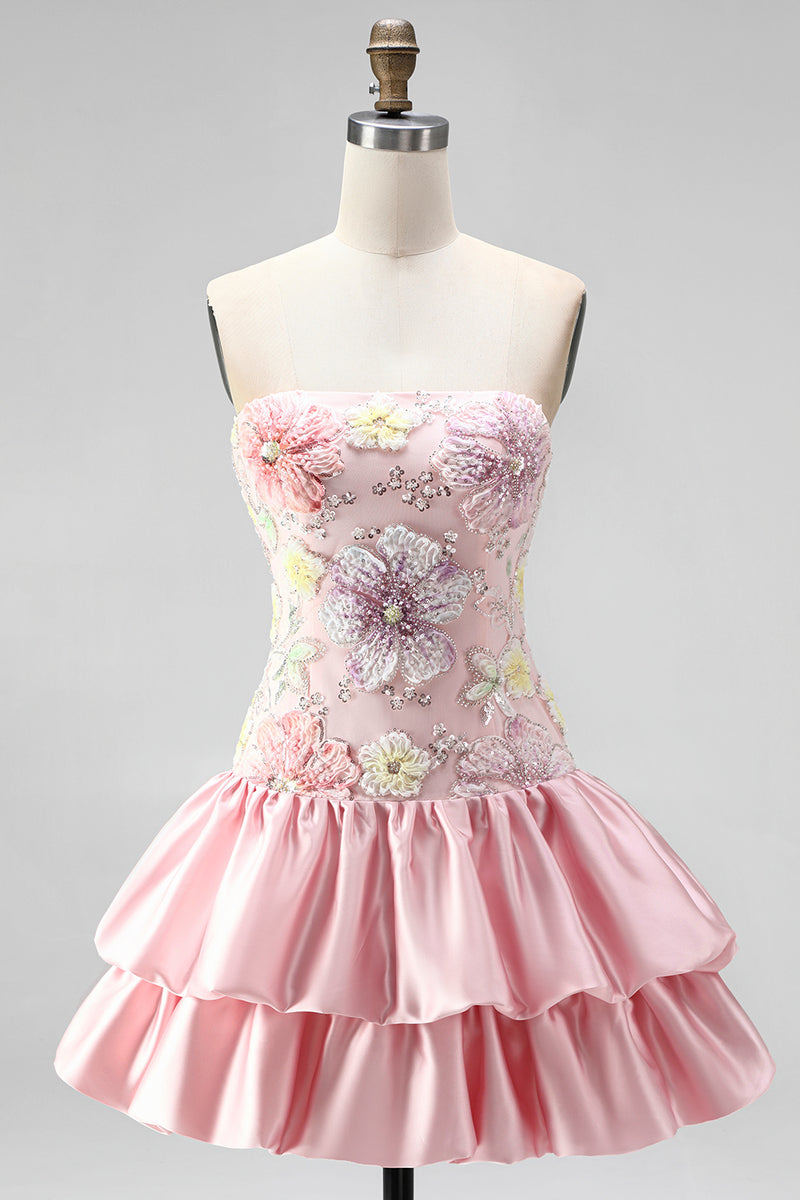 Load image into Gallery viewer, Floral Light Yellow Strapless Tiered A-Line Short Cocktail Dress