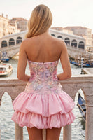 Load image into Gallery viewer, Floral Light Yellow Strapless Tiered A-Line Short Cocktail Dress
