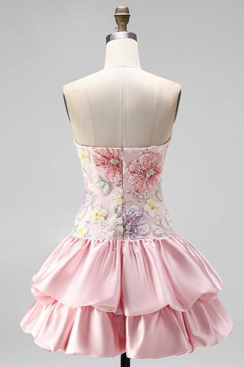 Load image into Gallery viewer, Floral Light Yellow Strapless Tiered A-Line Short Cocktail Dress