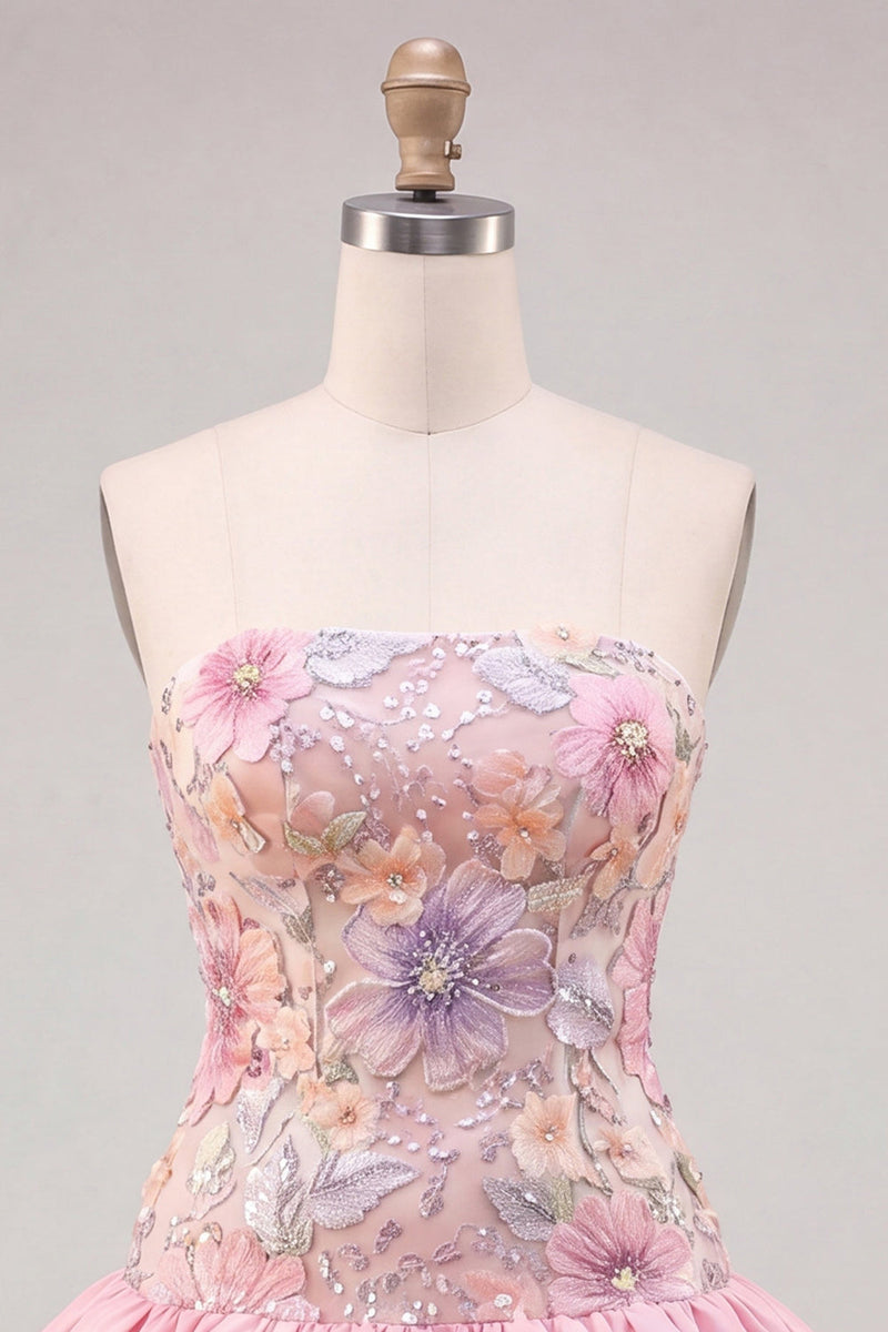 Load image into Gallery viewer, Floral Light Yellow Strapless Tiered A-Line Short Cocktail Dress