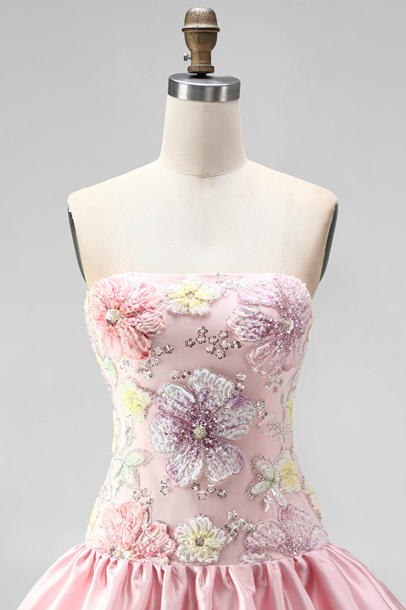 Load image into Gallery viewer, Floral Light Yellow Strapless Tiered A-Line Short Cocktail Dress