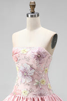 Load image into Gallery viewer, Floral Light Yellow Strapless Tiered A-Line Short Cocktail Dress