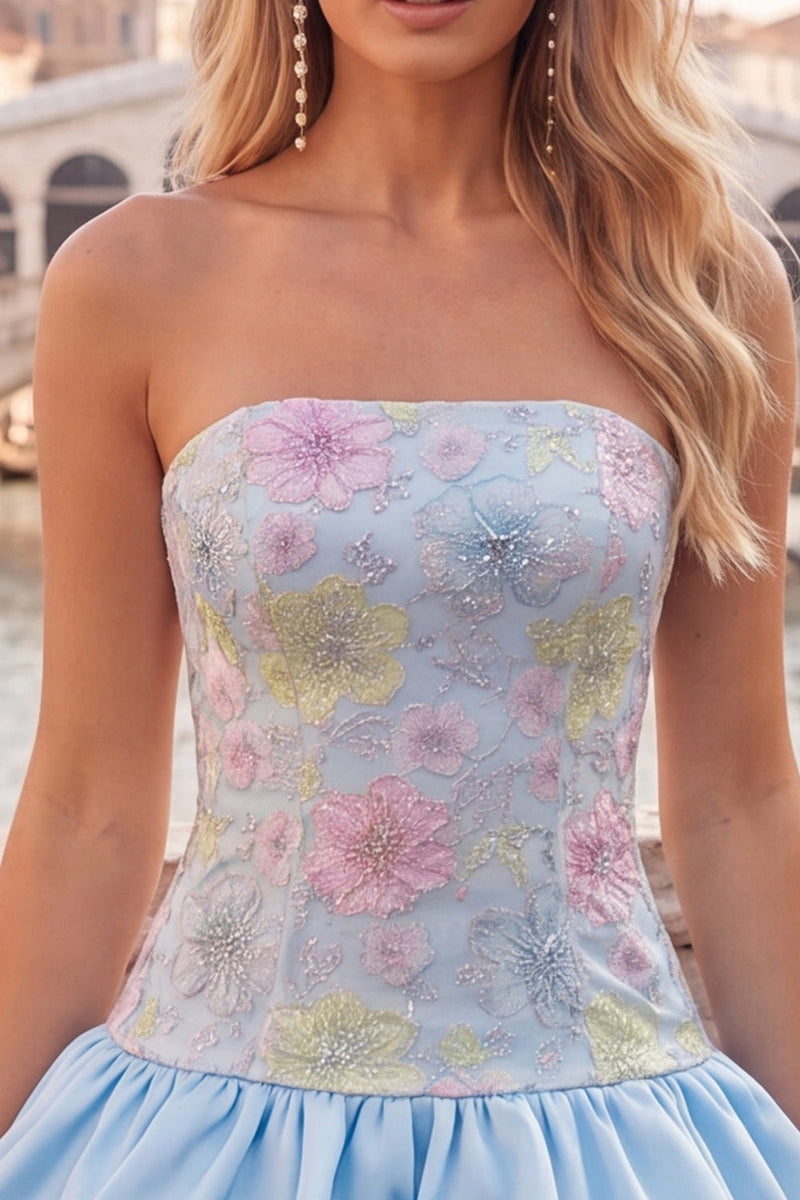 Load image into Gallery viewer, Floral Light Yellow Strapless Tiered A-Line Short Cocktail Dress