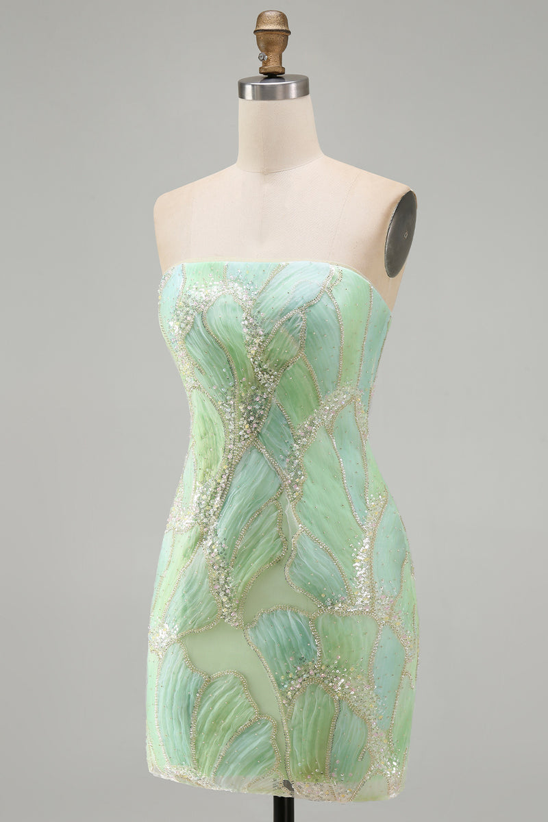 Load image into Gallery viewer, Sparkly Mint Green Sequin Strapless Tight Short Cocktail Dress