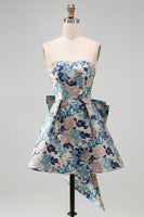 Load image into Gallery viewer, Blue Flower Jacquard A-Line Short Cocktail Dress with Bow
