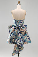 Load image into Gallery viewer, Blue Flower Jacquard A-Line Short Cocktail Dress with Bow