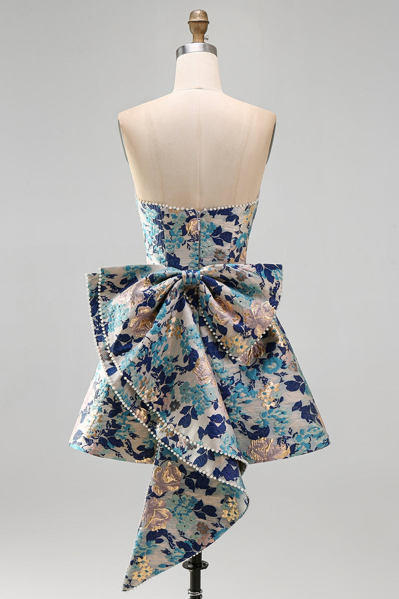 Load image into Gallery viewer, Blue Flower Jacquard A-Line Short Cocktail Dress with Bow