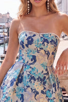Load image into Gallery viewer, Blue Flower Jacquard A-Line Short Cocktail Dress with Bow