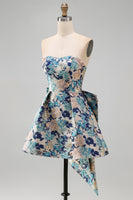 Load image into Gallery viewer, Blue Flower Jacquard A-Line Short Cocktail Dress with Bow