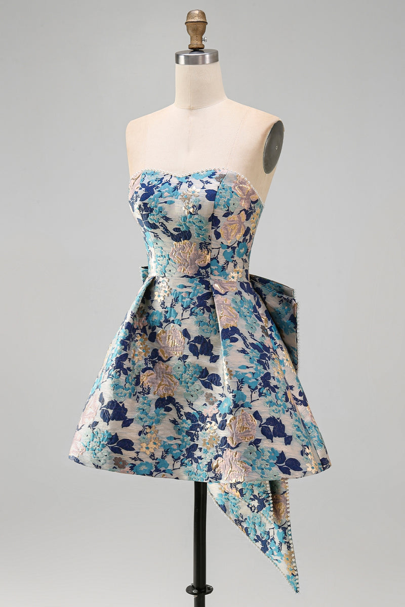 Load image into Gallery viewer, Blue Flower Jacquard A-Line Short Cocktail Dress with Bow
