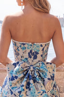Load image into Gallery viewer, Blue Flower Jacquard A-Line Short Cocktail Dress with Bow