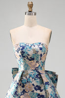 Load image into Gallery viewer, Blue Flower Jacquard A-Line Short Cocktail Dress with Bow