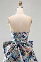 Load image into Gallery viewer, Blue Flower Jacquard A-Line Short Cocktail Dress with Bow
