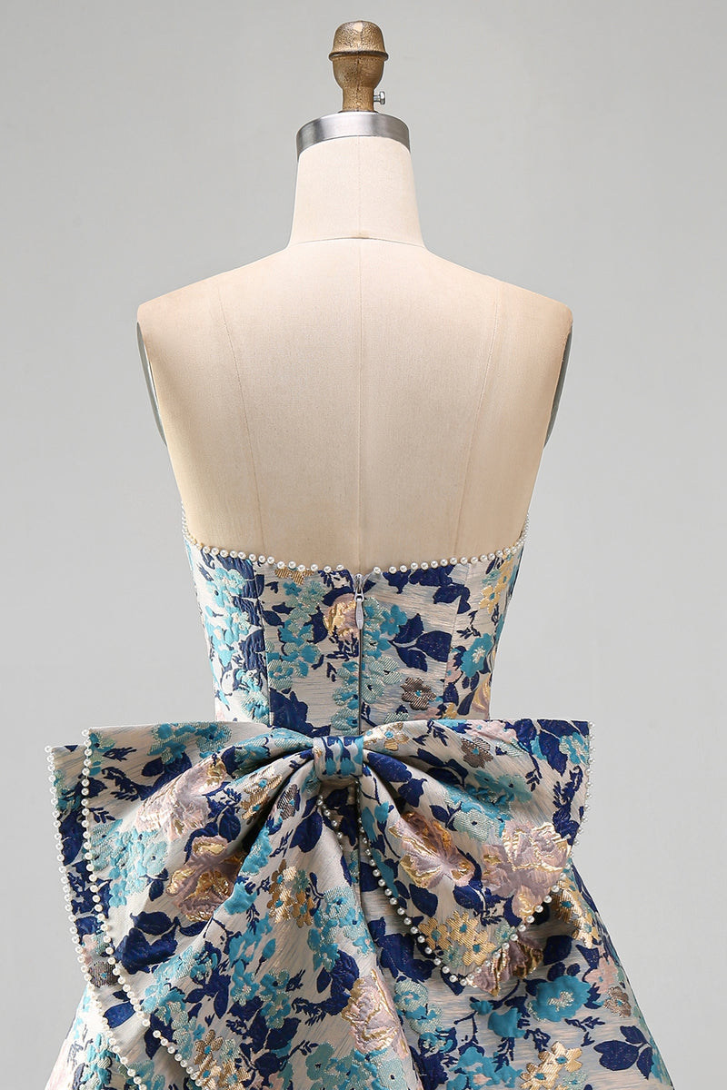 Load image into Gallery viewer, Blue Flower Jacquard A-Line Short Cocktail Dress with Bow