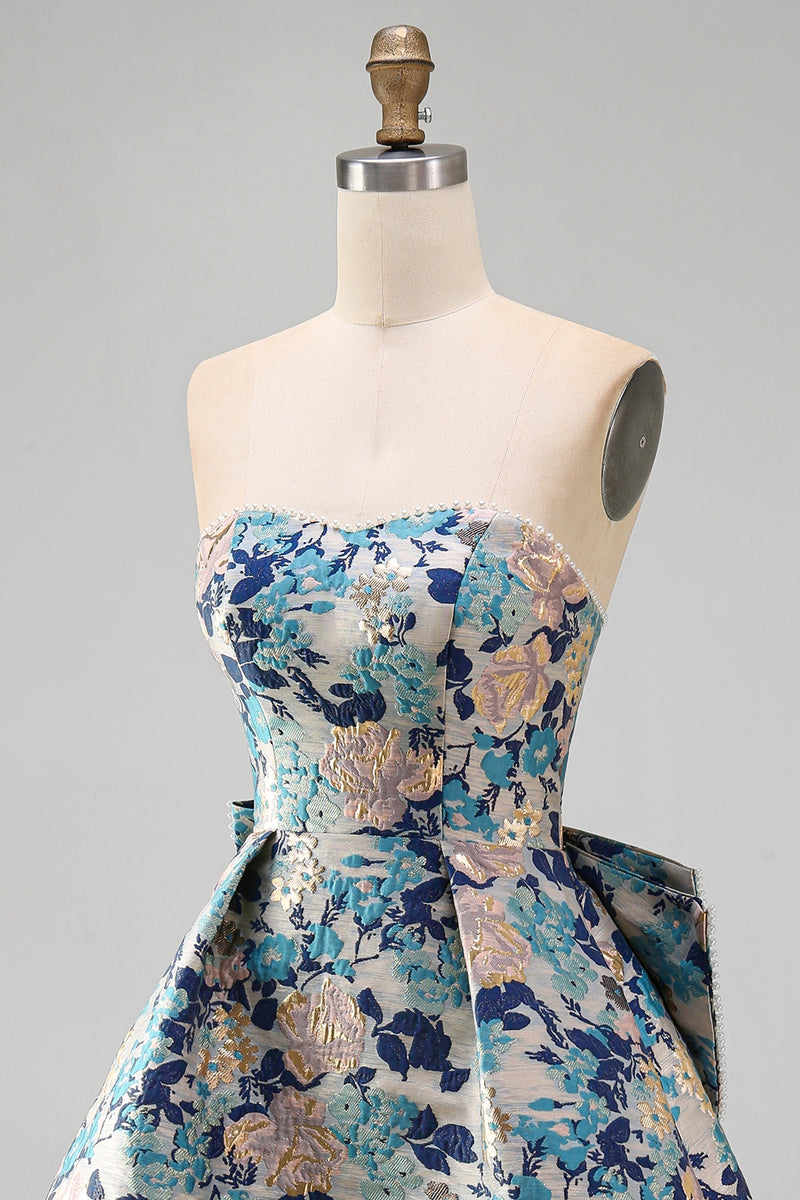 Load image into Gallery viewer, Blue Flower Jacquard A-Line Short Cocktail Dress with Bow