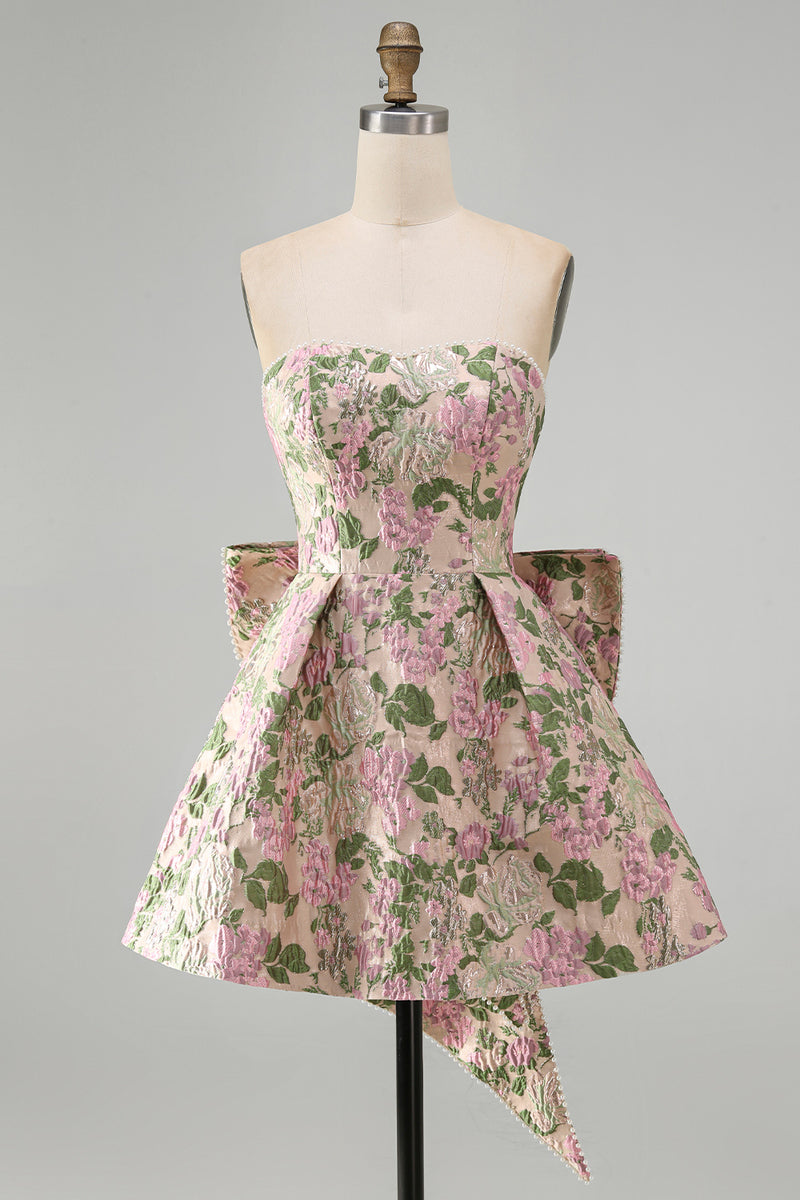 Load image into Gallery viewer, Blue Flower Jacquard A-Line Short Cocktail Dress with Bow