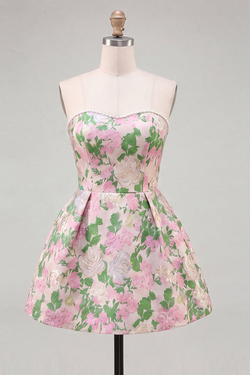 Load image into Gallery viewer, Blue Flower Jacquard A-Line Short Cocktail Dress with Bow