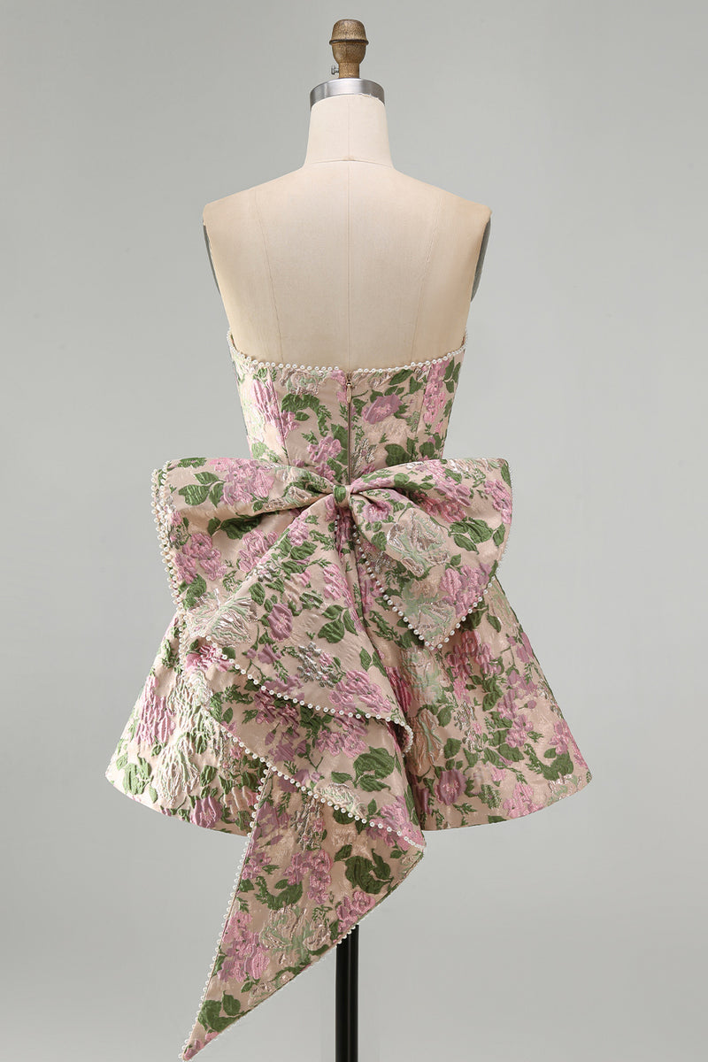 Load image into Gallery viewer, Blue Flower Jacquard A-Line Short Cocktail Dress with Bow