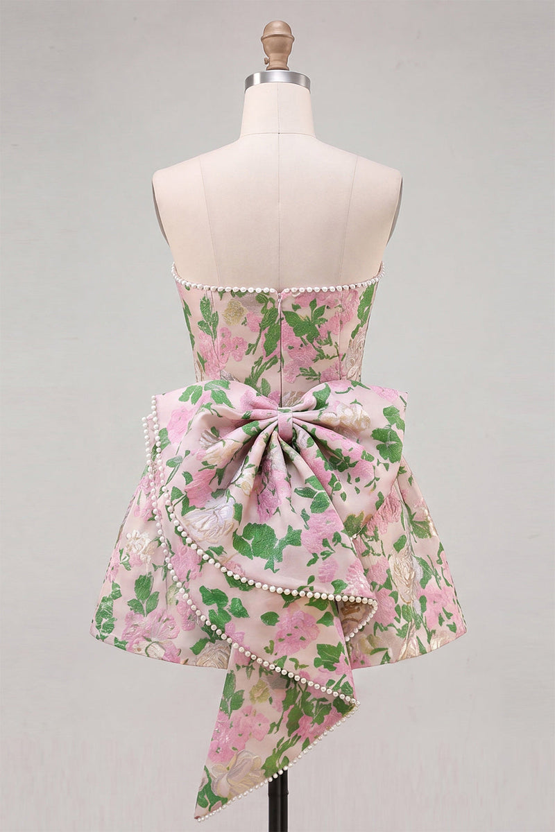 Load image into Gallery viewer, Blue Flower Jacquard A-Line Short Cocktail Dress with Bow