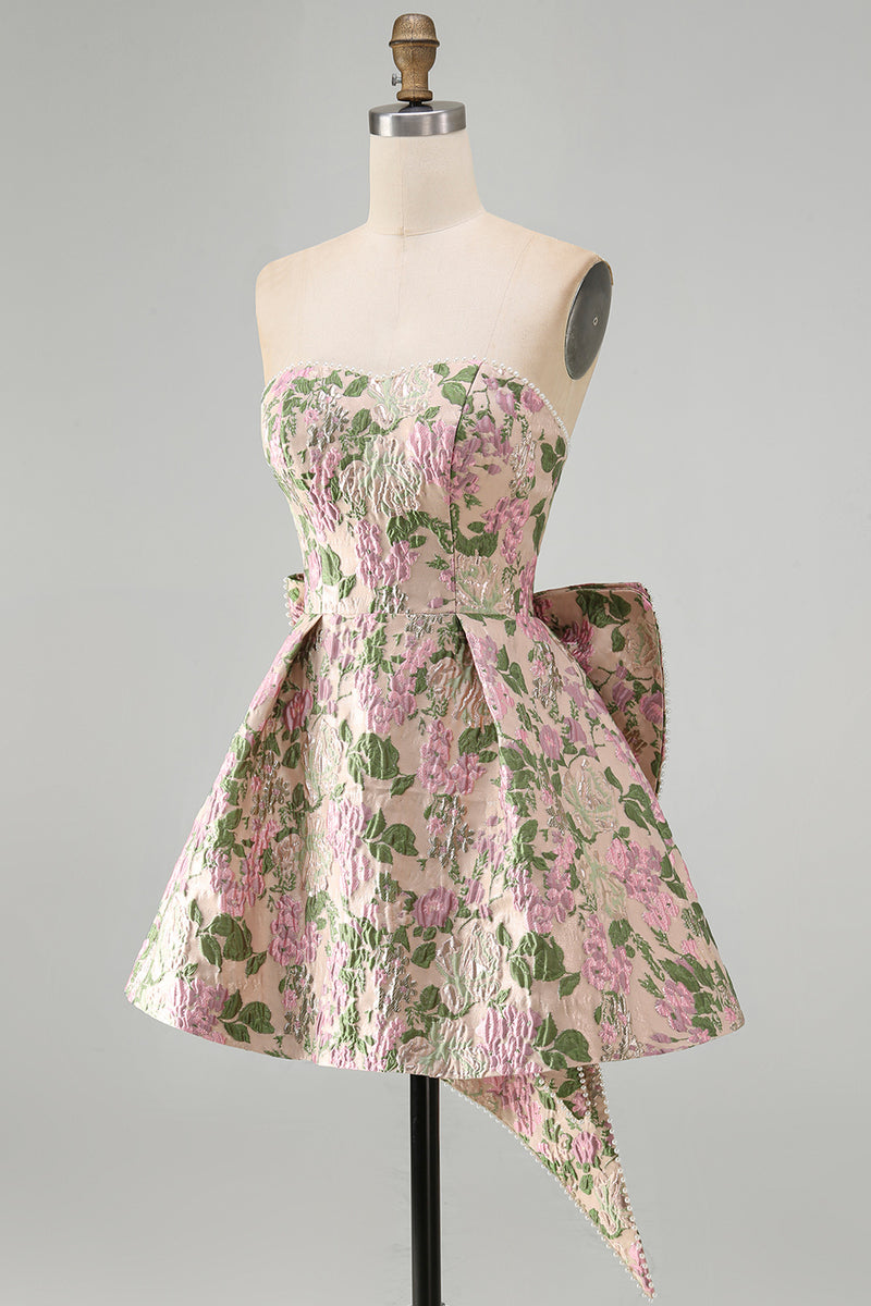 Load image into Gallery viewer, Blue Flower Jacquard A-Line Short Cocktail Dress with Bow
