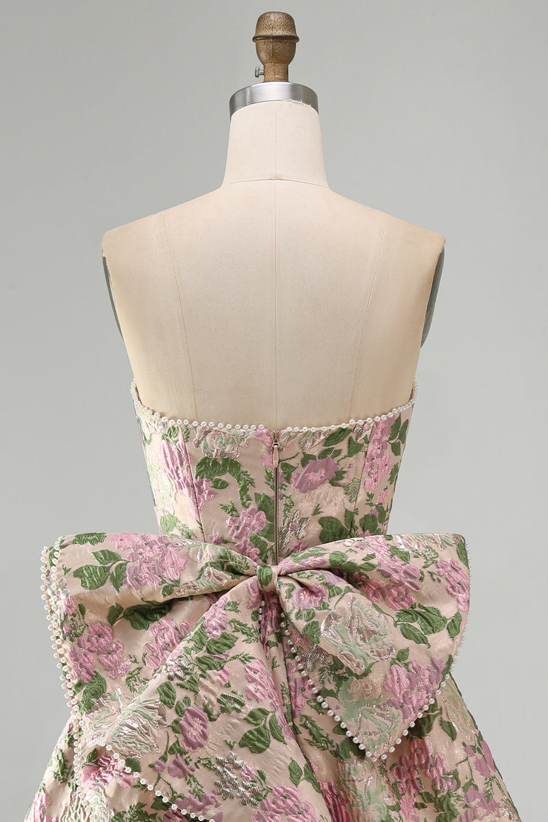 Load image into Gallery viewer, Blue Flower Jacquard A-Line Short Cocktail Dress with Bow
