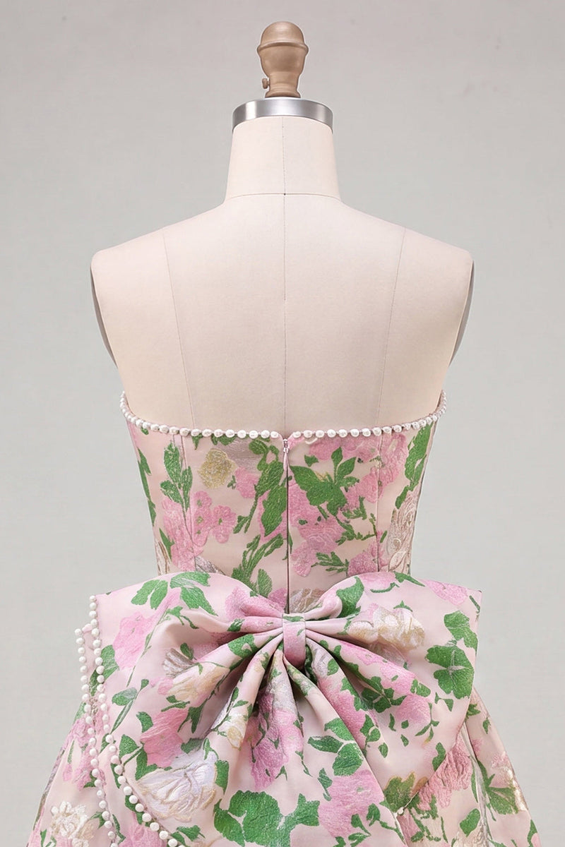 Load image into Gallery viewer, Blue Flower Jacquard A-Line Short Cocktail Dress with Bow