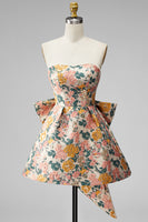 Load image into Gallery viewer, Blue Flower Jacquard A-Line Short Cocktail Dress with Bow