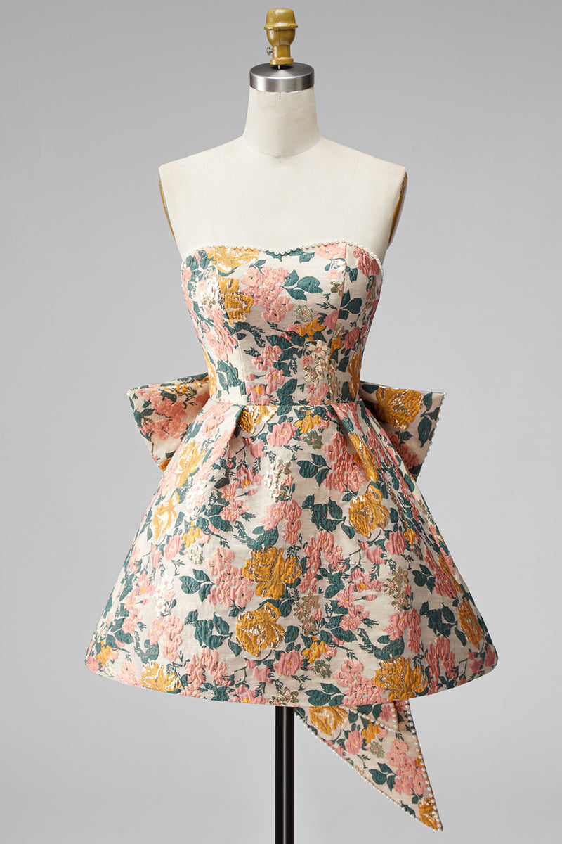 Load image into Gallery viewer, Blue Flower Jacquard A-Line Short Cocktail Dress with Bow