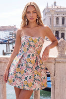 Load image into Gallery viewer, Blue Flower Jacquard A-Line Short Cocktail Dress with Bow