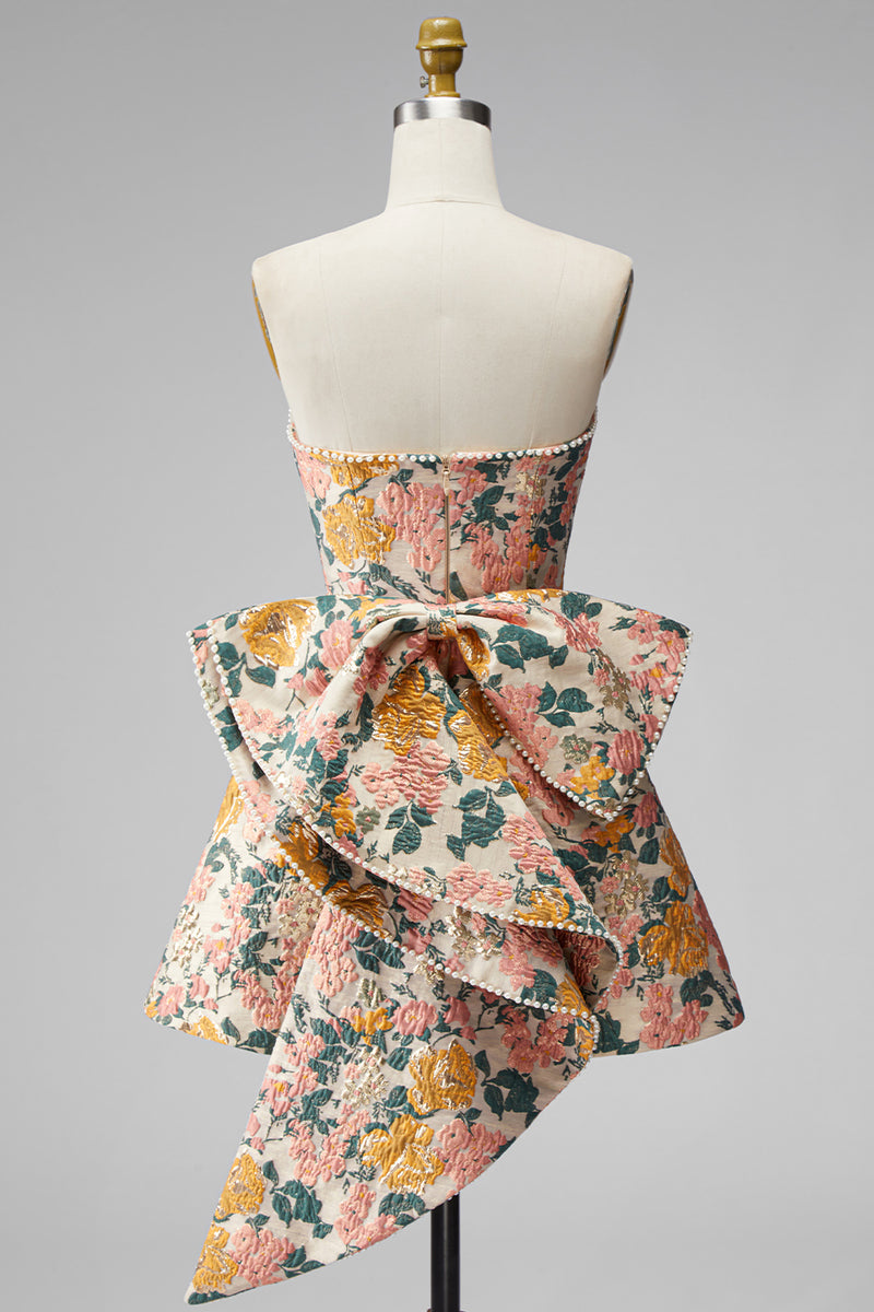 Load image into Gallery viewer, Blue Flower Jacquard A-Line Short Cocktail Dress with Bow